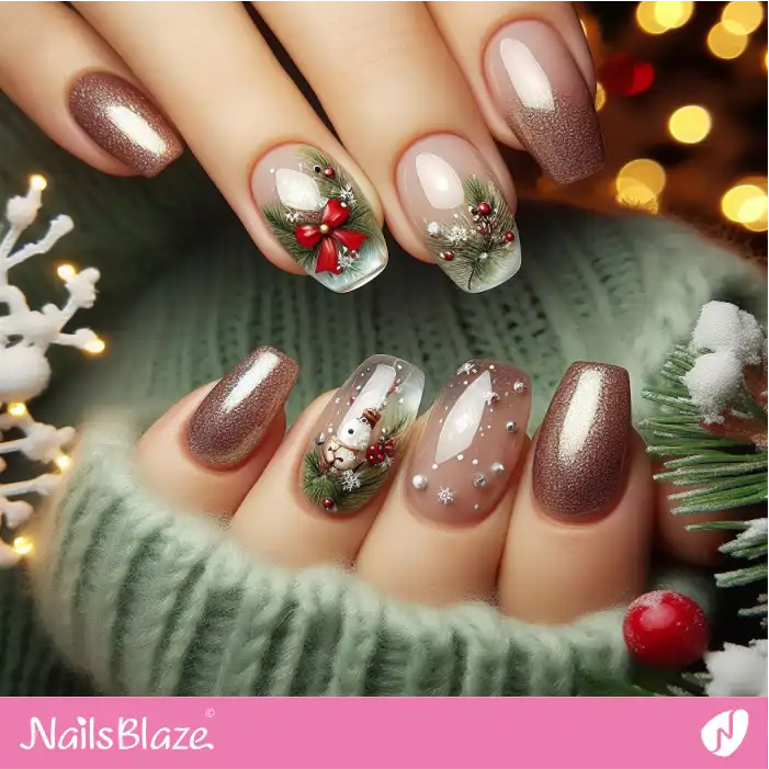 Rose Gold Nails with Snowflake | Christmas Nails - NB1687
